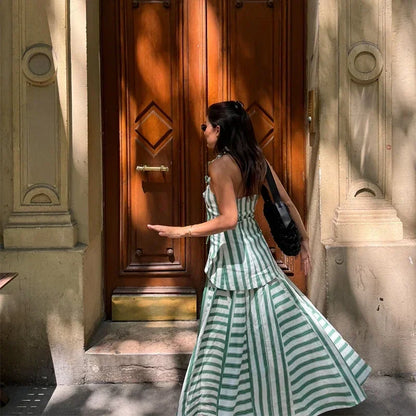Casual Striped Vest Skirt Suits Women O-neck Sleeveless Bow Tops Pleated Long Skirts 2025 Summer Chic Office Lady Sets New