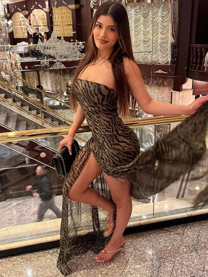 Fashion Strapless Tiger Striped Print Summer Dresses 2024 Woman Clothing Sleeveless High Slit Folds Mesh Patchwork Evening Dress