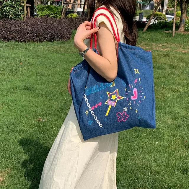 High-capacity Personality Graffiti Denim Handbags Y2k Kawaii Letter Print Tote Bags Women Preppy Sweet Ins Shoulder Underarm Bag