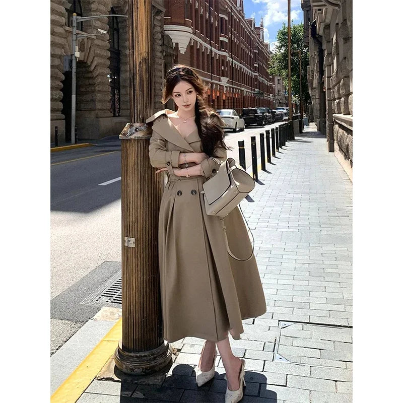 Long Trench Coat Women Streetwear Belt Sexy Off Shoulder Jackets Korean Double Breasted Outerwears Fall Winter Fashion Overcoat