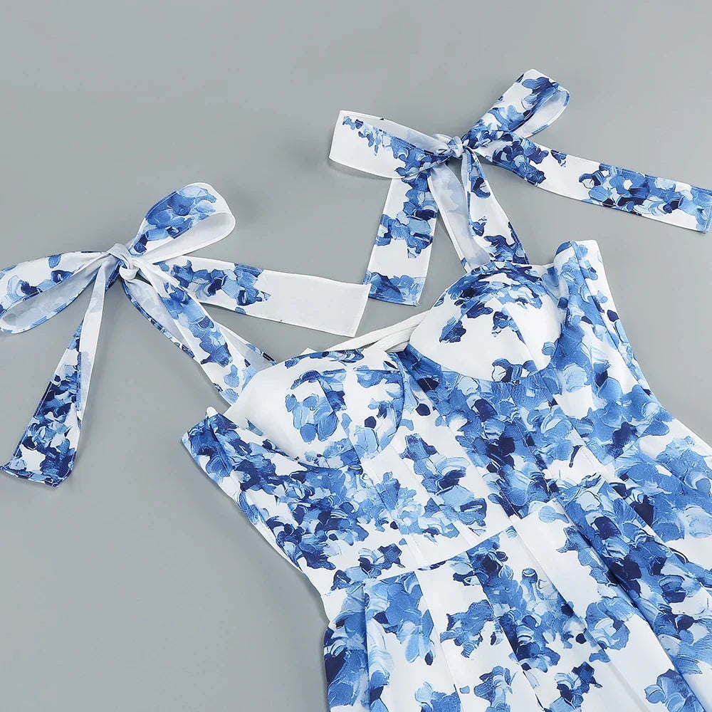 Floral Print Bow Shoulder Strap Sweetheart Corset Bodice Midi Dress