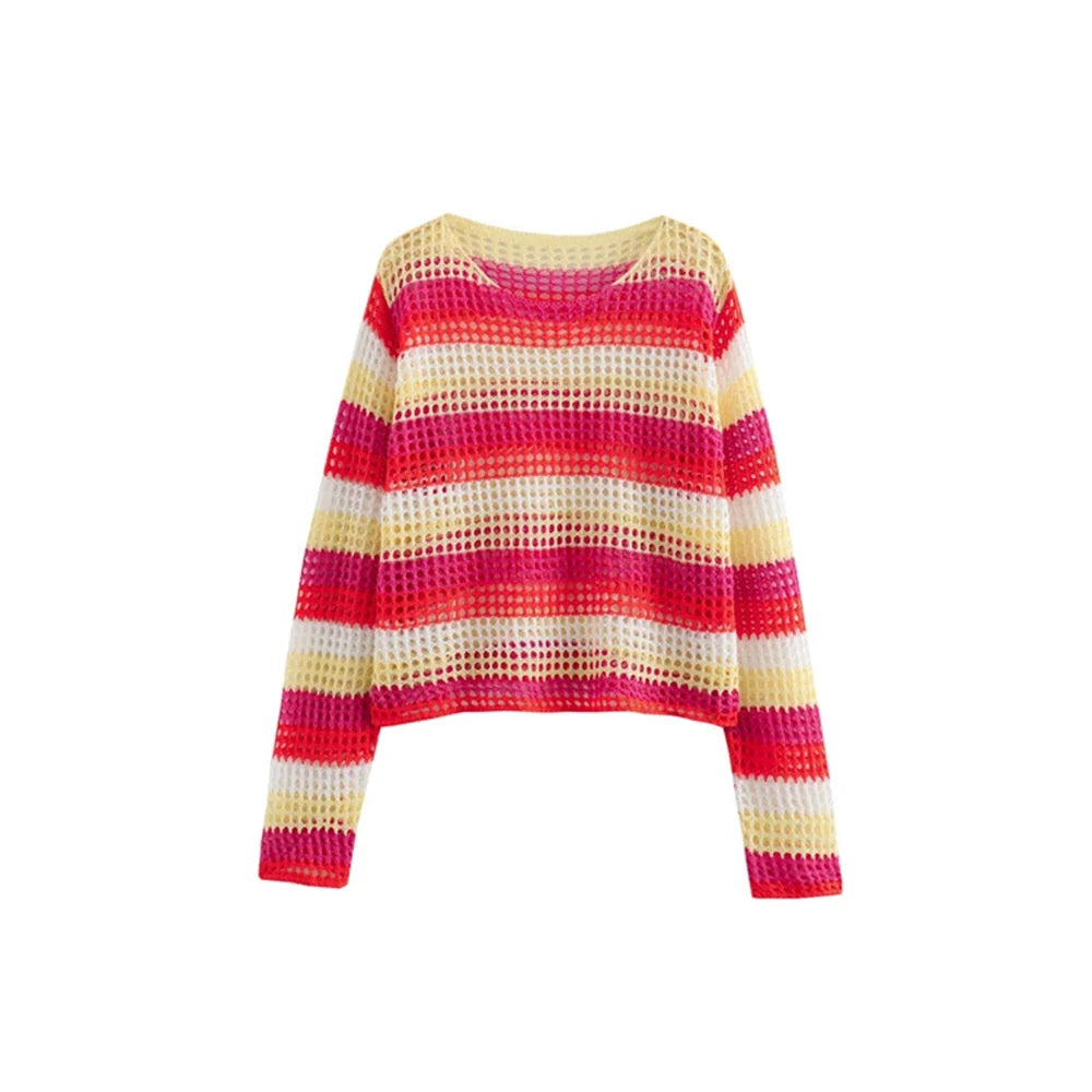 New Summer Women's Casual Versatile Knitted Colored Stripe Long sleeved Round Neck Loose Knitted Top