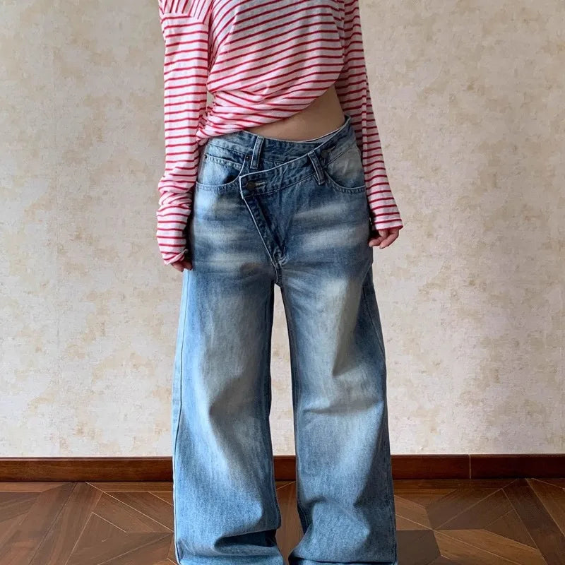 Blue Vintage Women Jeans Washed Irregular Harajuku Wide Leg American Style Baggy Straight Denim Trousers Basic Casual