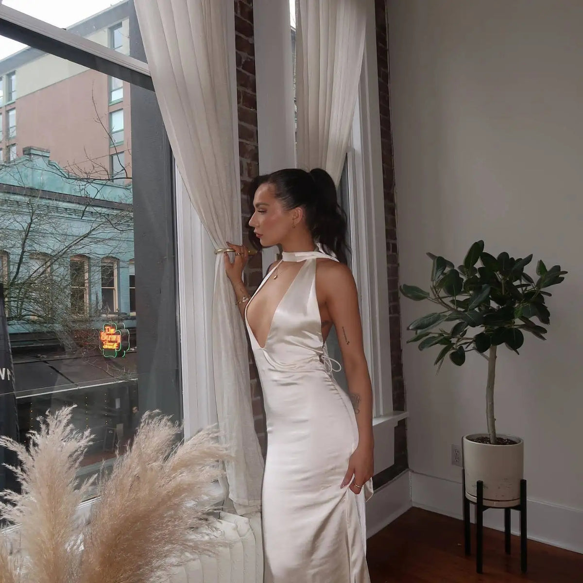 Halter Choker Deep V Neck Satin Column Maxi Gown