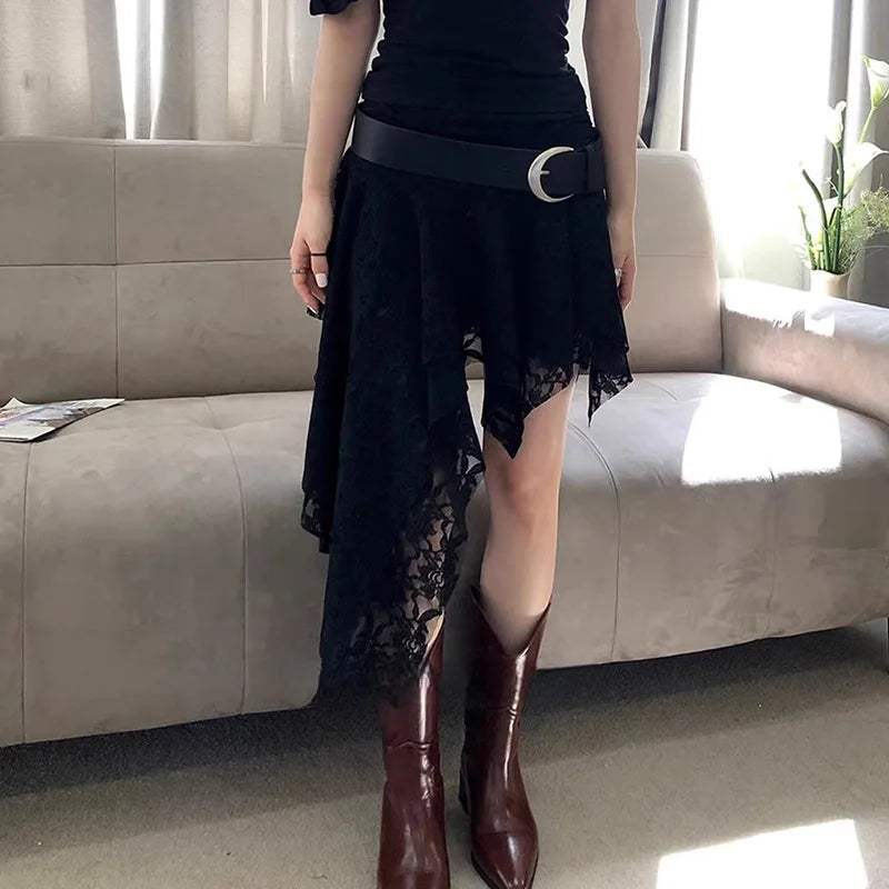 Holiday Solid Color Lace Ruffled Skirt For Women Sexy Low Waist Irregular Mini Skirt Splice Hot Girl Clubs Party Skirt