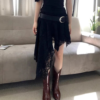 Holiday Solid Color Lace Ruffled Skirt For Women Sexy Low Waist Irregular Mini Skirt Splice Hot Girl Clubs Party Skirt