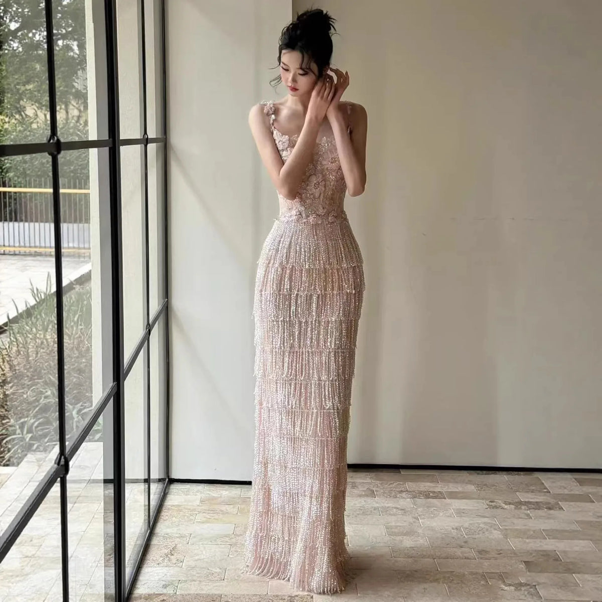 Elegant Heavy Work Evening Dress for Women with Fringe Strap Welcome Wedding Banquet Hostess Engagement Dress