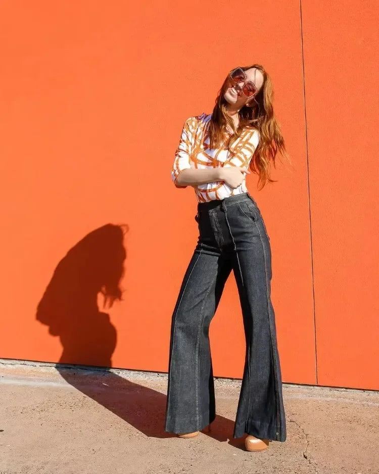 Women's Flared Pants New Autumn Fashion Imitation Denim Jeans High Waisted Loose Fit Split-Joint Casual Trousers