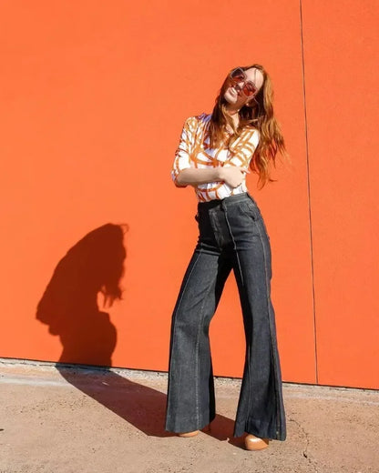 Women's Flared Pants New Autumn Fashion Imitation Denim Jeans High Waisted Loose Fit Split-Joint Casual Trousers