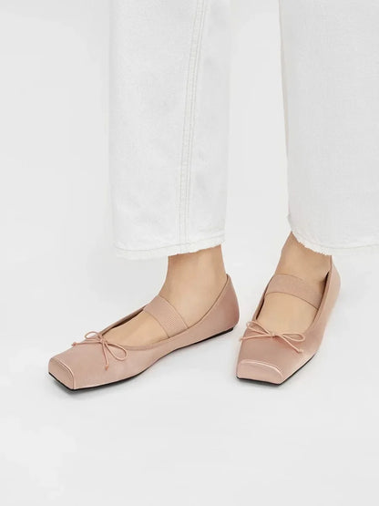 sweet pink silk flat shoes woman square toe bowtie ballet flats silver leather mary janes shoes elastic band moccasions women