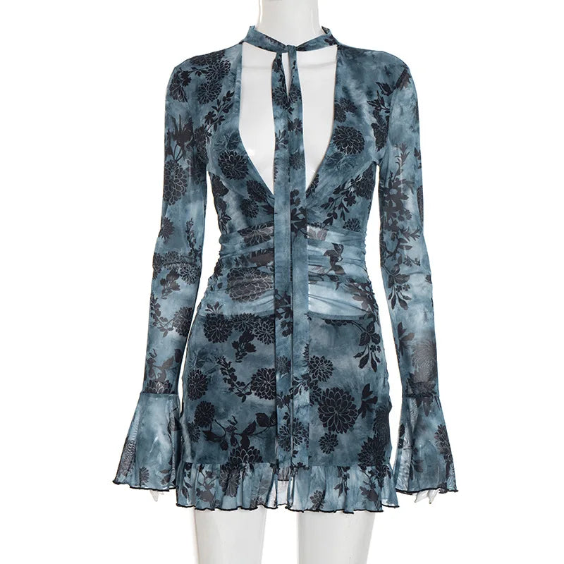 Women's New Printed Mesh Mini Dress Sexy Deep V Neck Long Sleeve Ruched High Waist Slim Fit Ruffle Hem Party Dress Outfits