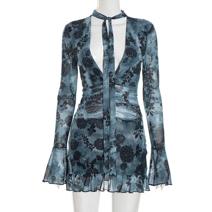Women's New Printed Mesh Mini Dress Sexy Deep V Neck Long Sleeve Ruched High Waist Slim Fit Ruffle Hem Party Dress Outfits