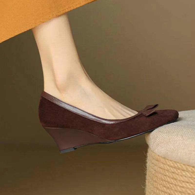 Women's Wedges Pumps Faux Suede Boat Shoes High Heels Slip on Dress Shoes Autumn Bow Boat Shoes for Zapatos Mujer 1861