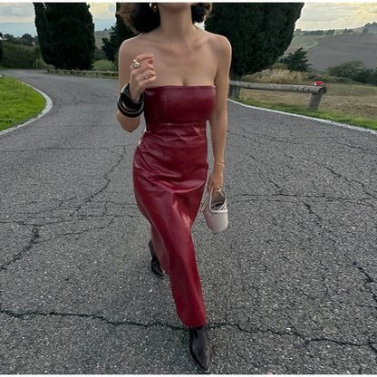 PU Leather Tube Dresses Suit Coat Women's Set Vintage Solid Slim Fit Long Dress Lapel Jackets Sets Female Chic Street Outfits