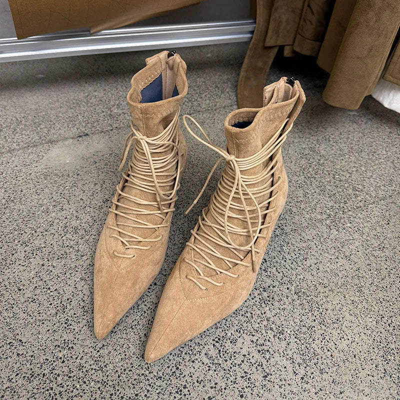 Fashion Pointed Toe Lace Up Ankle Boots Women High Quality Faux Suede Kitten Heel Designer Boot Comfort Back Zipper Modern Boots