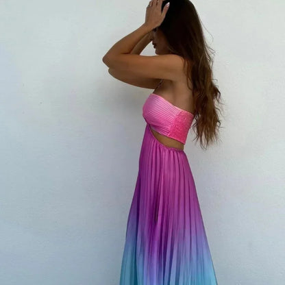 Gradient Pleated Spaghetti Strap Satin Maxi Dress
