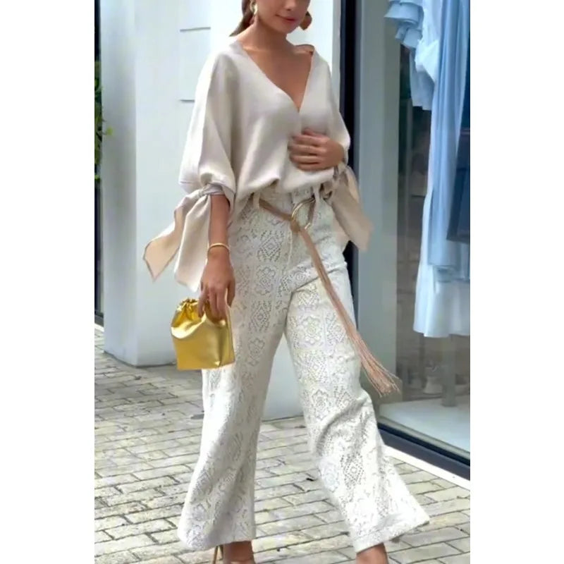 Elegant Women Pants Set Chic Loose Long Batwing Sleeve Shirt Top Wide Leg Pants Two Piece Trousers Set Lace Hollow Out Outfits