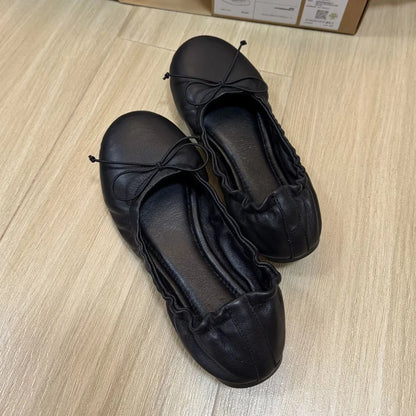Women's Soft Leather Bow Ballet Flats Ruched Opening Round Toe Slip-on Flat Shoes Comfy Ladies Office Daily Walking Footwear