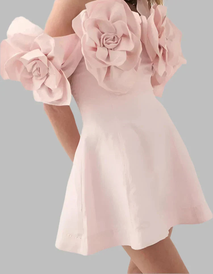Off Shoulder 3D Floral Rosette Applique Fit Flare Mini Dress