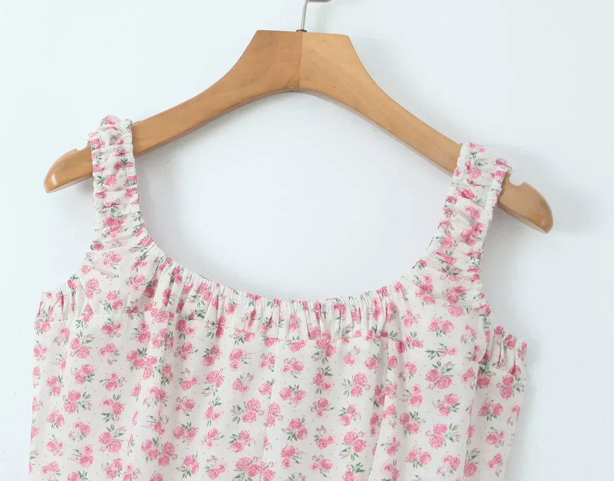Square Neck Ruffle Strap Ditsy Floral Fit and Flare Midi Dress