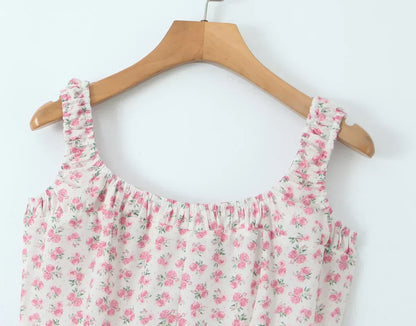 Square Neck Ruffle Strap Ditsy Floral Fit and Flare Midi Dress