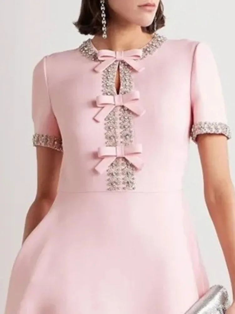 Round Neck Crystal Trim Bow Detail Short Sleeve Fit and Flare Midi Dress