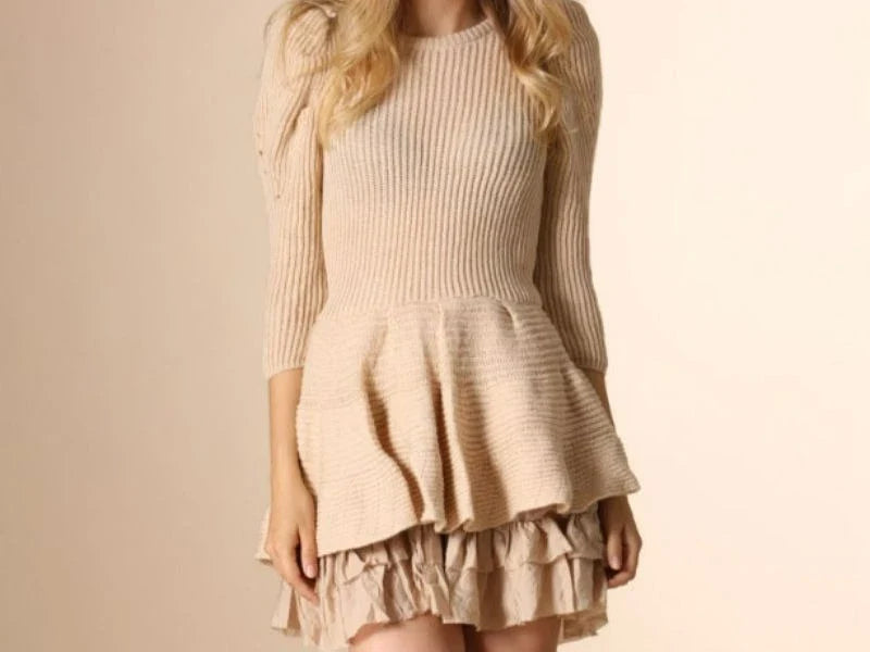 Autumn Patchwork Outfit Woven Fake Two-Piece Slim Knitted Sweater Ruffled Round Neck Sleeve Dress