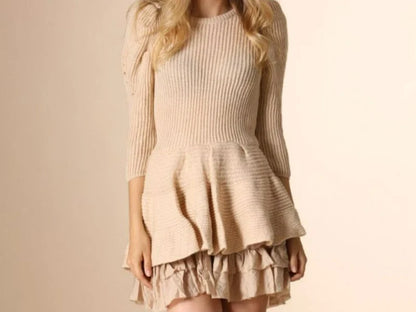 Autumn Patchwork Outfit Woven Fake Two-Piece Slim Knitted Sweater Ruffled Round Neck Sleeve Dress
