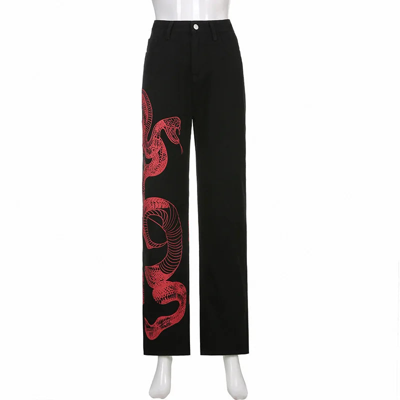 Ladies Fashion Y2k Baggy Black Wind Dragon Printed Woman High Waist Straight Leg Jeans Graphic Streetwear Denim Trousers