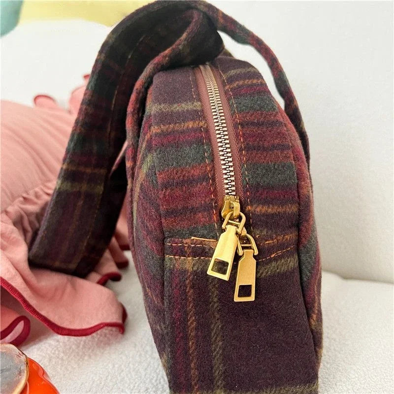 New Vintage Woolen Plaid Tote Bags Casual Handbag Korean All-match Design Fashion Women Shoulder Bag