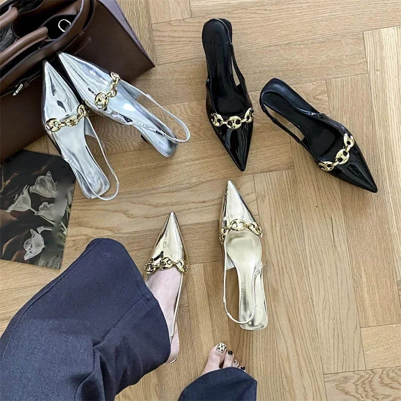 Sexy Pointed Toe Thin Low Heel Slingbacks Sandals Women Summer Elegant Metal Chain Decoration Women Pumps Casual Mules Shoes