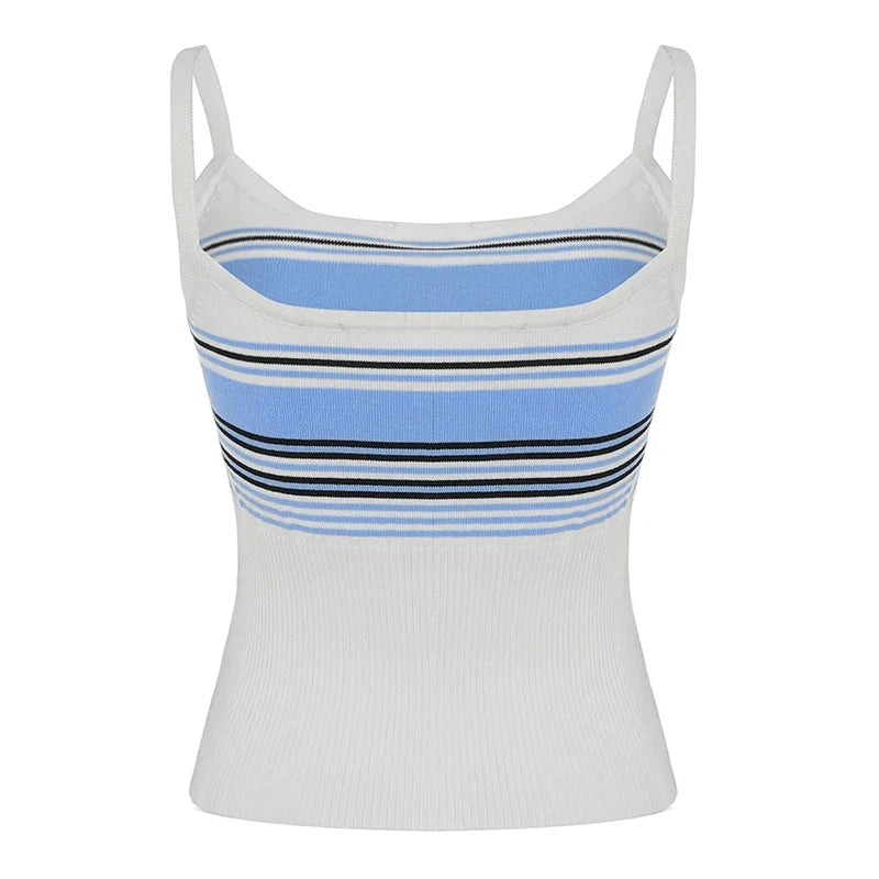 Sweetown Simple Knitted Camisole Tops Stripe Patchwork Slim Casual Holiday New Fashion Blouses