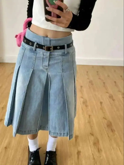 Denim Pleated Skirt High Waist Y2k Streetwear Women Vintage A-Line Distressed Knee-Lenght Jeans Skirt Japanese Fashion Versatile