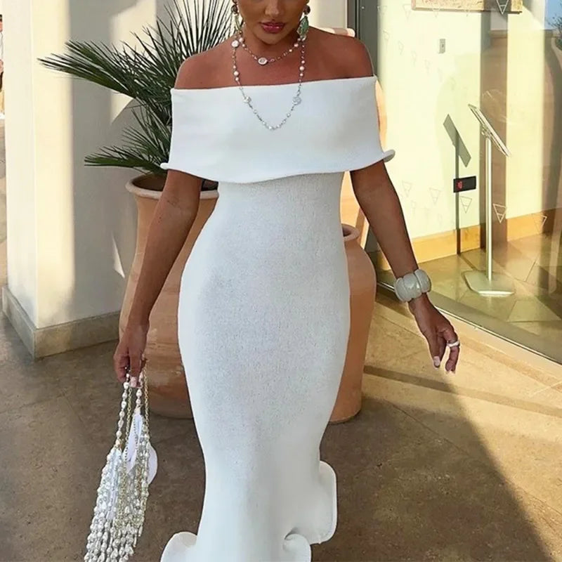 Off Shoulder Ruffle Bardot Mermaid Hem Bodycon Midi Dress