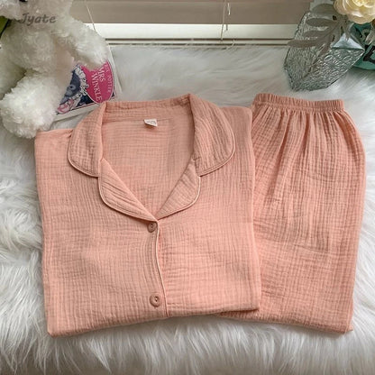 Cotton Comfort Sleepwear Casual Women Pajamas Spring Summer Cherry Print Cute Lapel Button Shirts And Pant Two Piece Sets