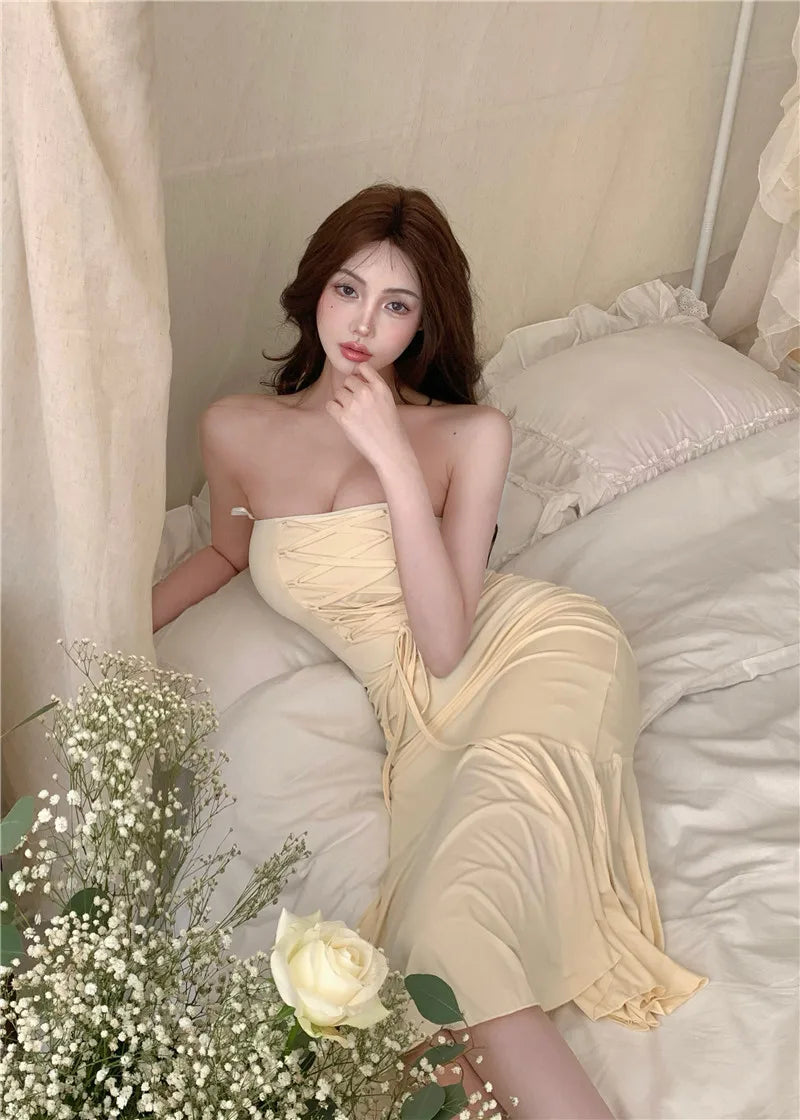 Summer Aesthetic Midi Dress Women Strapless Fishbone Bandage Irregular Dress Party Club Sexy Elegant Dresses Backless Solid