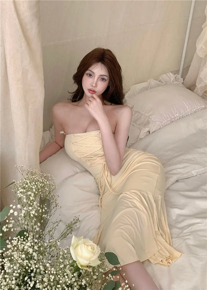 Summer Aesthetic Midi Dress Women Strapless Fishbone Bandage Irregular Dress Party Club Sexy Elegant Dresses Backless Solid