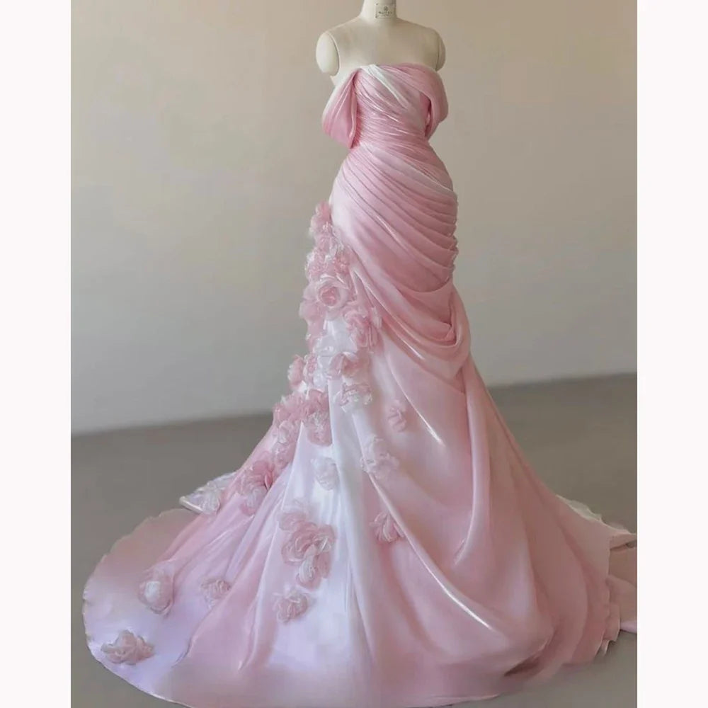 Women Dress Gradual Pink Gradient Formal Dress with Roses Strapless Sleeveless Elegant Chic Evening Party Gown