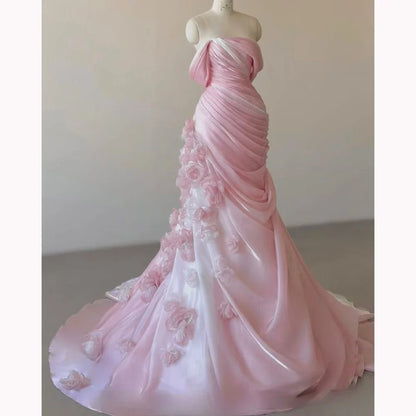 Women Dress Gradual Pink Gradient Formal Dress with Roses Strapless Sleeveless Elegant Chic Evening Party Gown