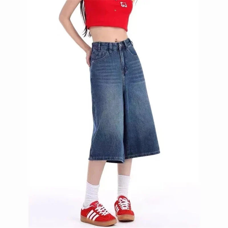 Women's Summer Wide-leg Blue Denim Capris Street New Baggy Straight Calf-length Jeans Female High Waisted Short Trousers