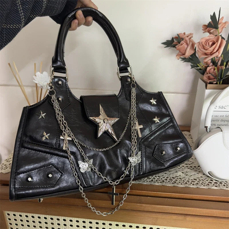 Black Large Capacity Shoulder Bag Y2K Style Crossbody Bag pu Leather Casual Fashion Star Chain Punk Bag