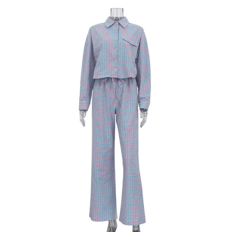 Women's Pink Blue Plaid Set Oversized Shirt & Wide-Leg Pants 2 Piece Set Casual Loose Long Sleeve Co-ord Outfits Chic Tracksuit