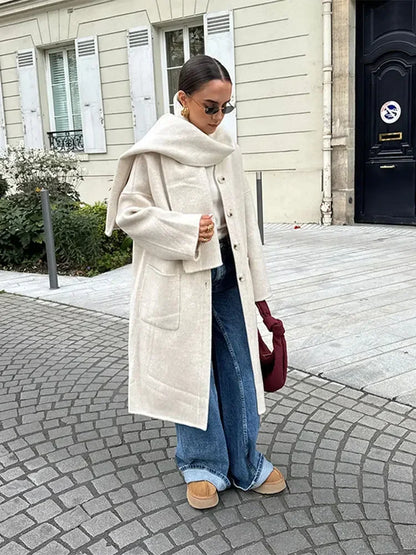 Elegant Autumn Winter Women Scarf Wool Overcoat Fashion Long Sleeve Solid Single Breasted Lady Coats New Daily Chic Outwear