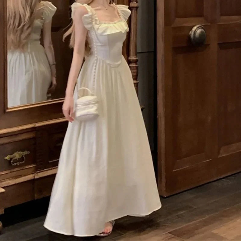 Sweet Gentle Square Neck Dress Summer New Temperament Waist-sharp Mid-length Dress