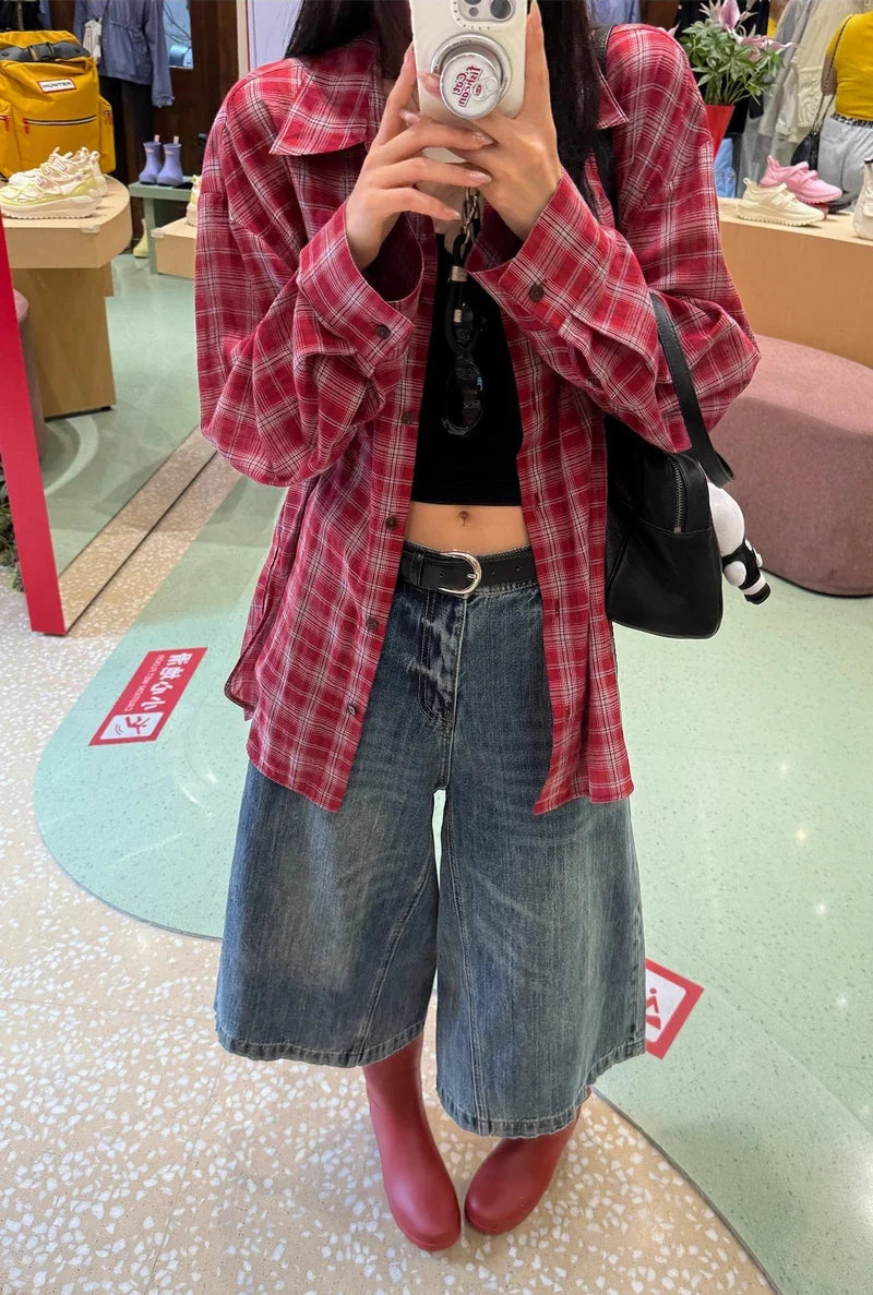 Women's Oversized Check Pocket Detail Shirt