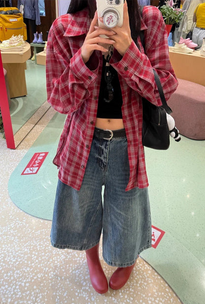 Women's Oversized Check Pocket Detail Shirt