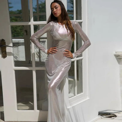 Crew Neck Sheer Mesh Shimmer Long Sleeve Bodycon Maxi Dress