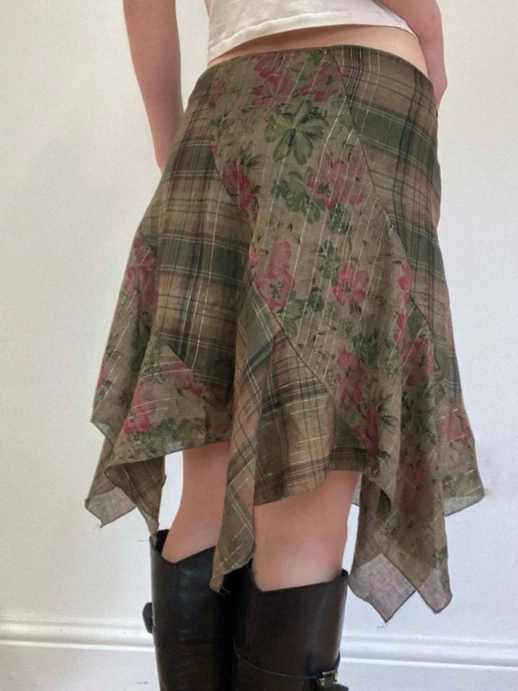 Y2k Sexy Low Waist American Retro Print Plaid Patchwork Irregular Streetwear Fashion Skirts