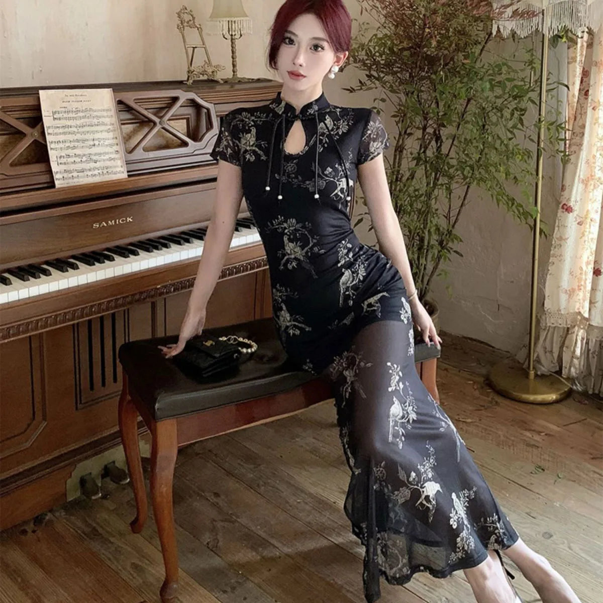 Vintage Chinese National Style Slimming Modified Cheongsam Dress Women's New Summer Chic Y2K Slim Elegant Split Long Dress