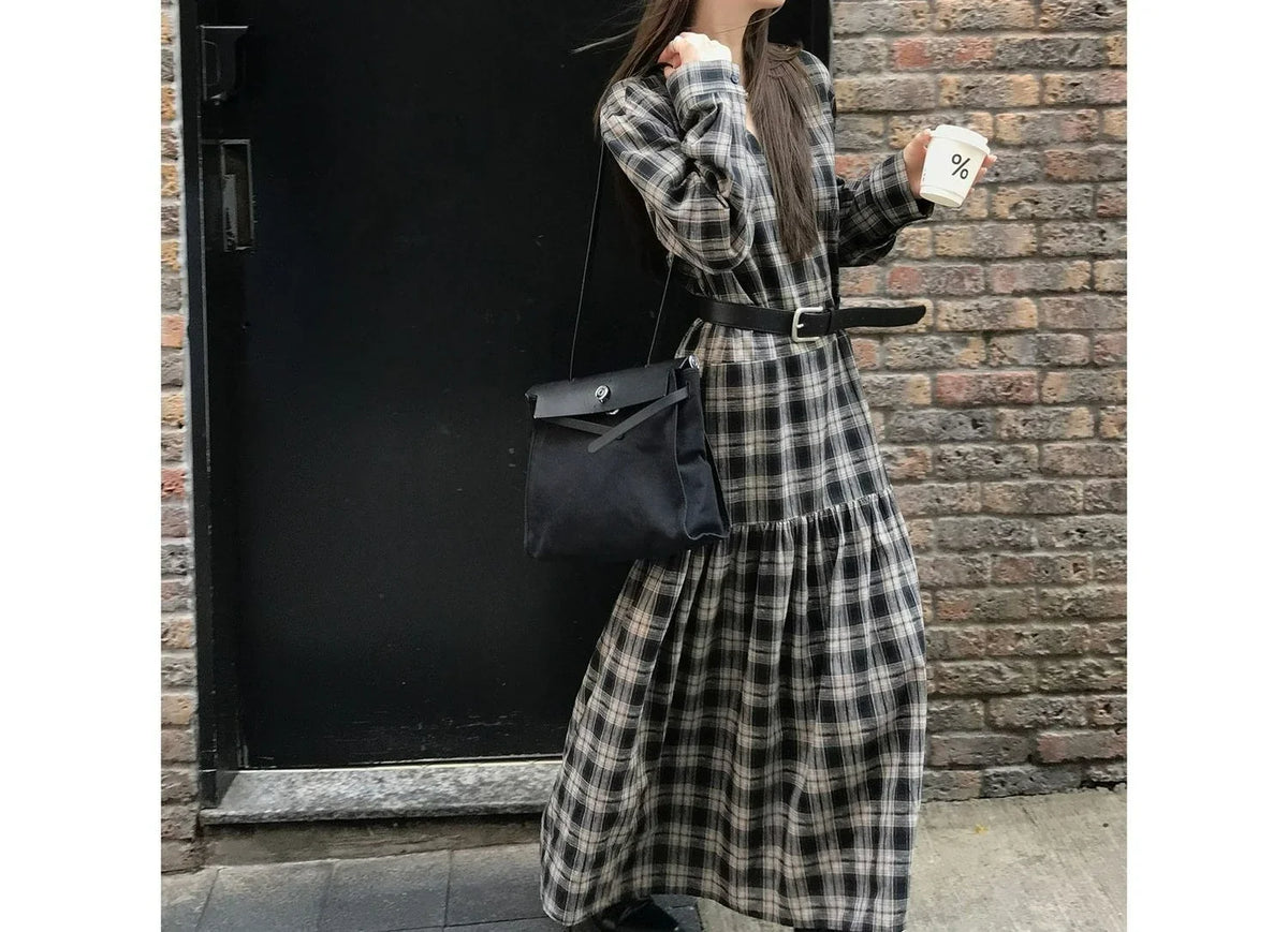 Vintage Ruched Design Plaid Loose Dress for Women New Autumn Layered Base Dress